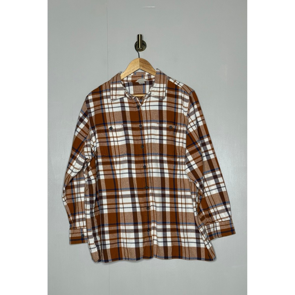 Duluth Trading Plaid Flannel Shirt 2X Brown Blue Button Front Cotton